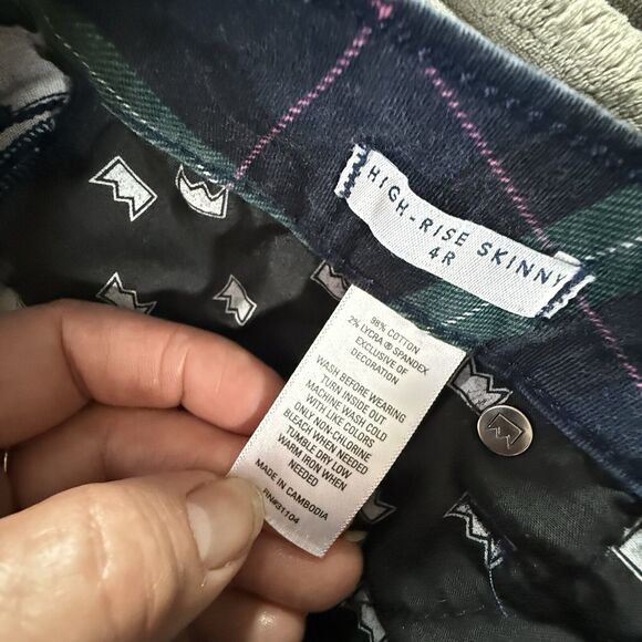 Crown&Ivy Plaid Cotton/Span 5 Pocket Pants Women 4 R High Rise Skinny Blue Green - Picture 7 of 9